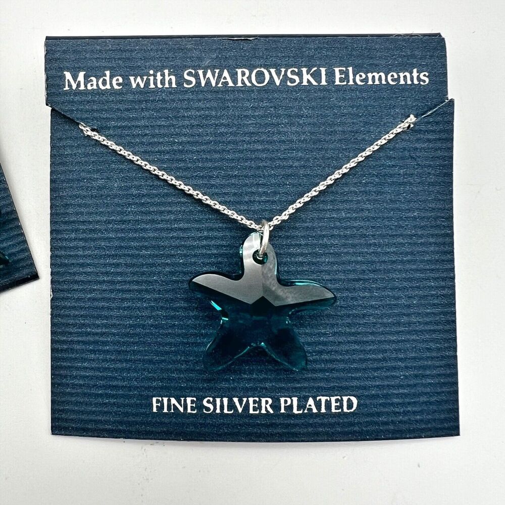 Swarovski Elements Blue Starfish Pendant Silver Plated Hook Dangle Earring Set - Picture 2 of 8